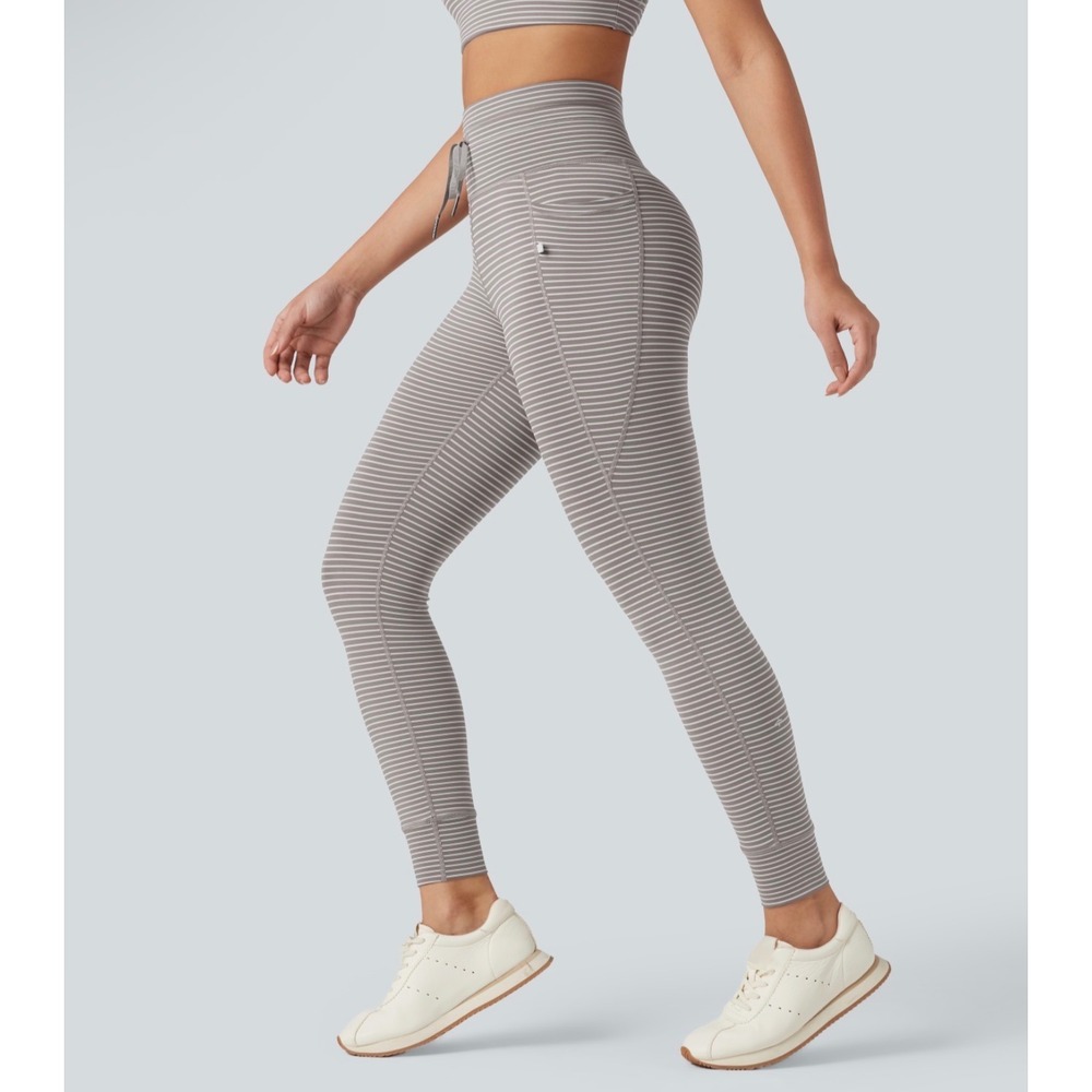 Halara High Waisted Drawstring Striped Yoga Leggings with Pockets Grey Small